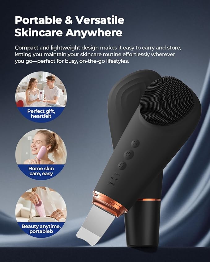 2 in 1 Facial Cleansing Brush & Massager, Facial Skin Scrubber Waterproof and Rechargeable Face Scrub for Deep Cleansing Vibrating Exfoliator Scrubber Skin Care with 7 Modes,Gentle Exfoliating - Black