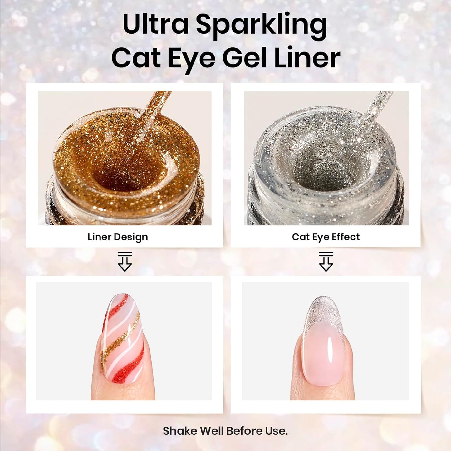 Beetles Nail Art Polish- 2 Colors Cat Eye Liner Gel Polish Gold Sliver Glitter Gel Nail polish Soak Off UV Built Thin Nail Brush in Bottle Gifts for Women