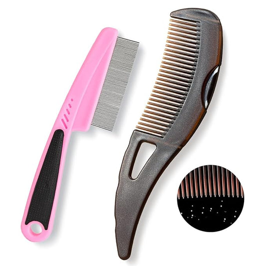 Dandruff Comb, Stainless Steel Fine Tooth Lice/Flea/Psoriasis Comb, Scalp Oil Buildup Removal Wide Hollow Tooth Button Hairbrush for Scalp Massage Care for Man Women and Kids, Set of 2 (Pink)