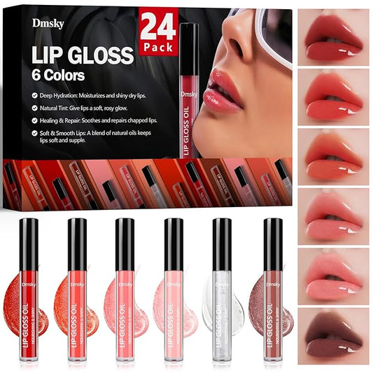 Dmsky 24 Pack Lip Gloss Set, 6 Colors Shiny Soft Lip Gloss Bulk, Lip Oil for Dry Cracked Lips Moisturizing Nourishing,Lip Stain With Rich Varied Colors For Girls and Women Makeup
