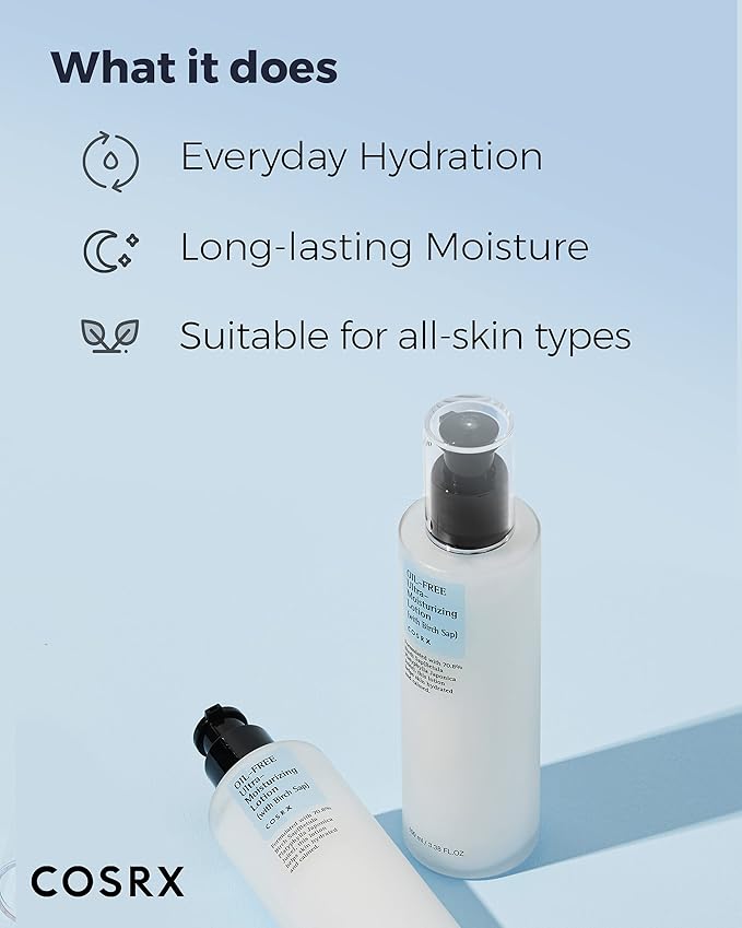 COSRX Oil Free Lotion with Birch Sap, Daily Acne Facial Moisturizer, Hydrating Moisturizer for All Skin Types, Korean Skin Care, Paraben free, 3.38 fl.oz / 100ml