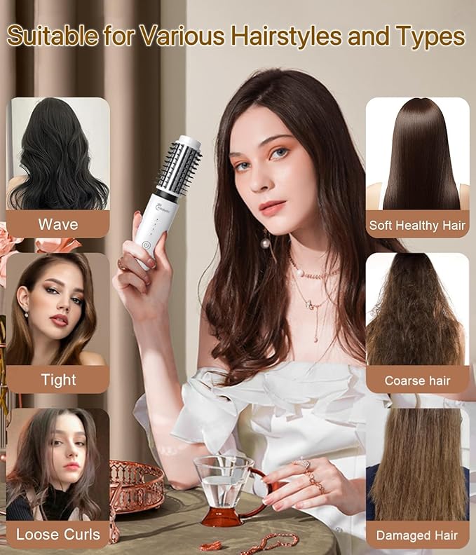 Cordless Hair Curling Iron Brush, 1.5" Mini Cordless Hair Curler, 3-in-1 Travel Curling Brush Hair Straightener Comb Rechargeable, Long Battery Portable Ionic Heated Tool, White