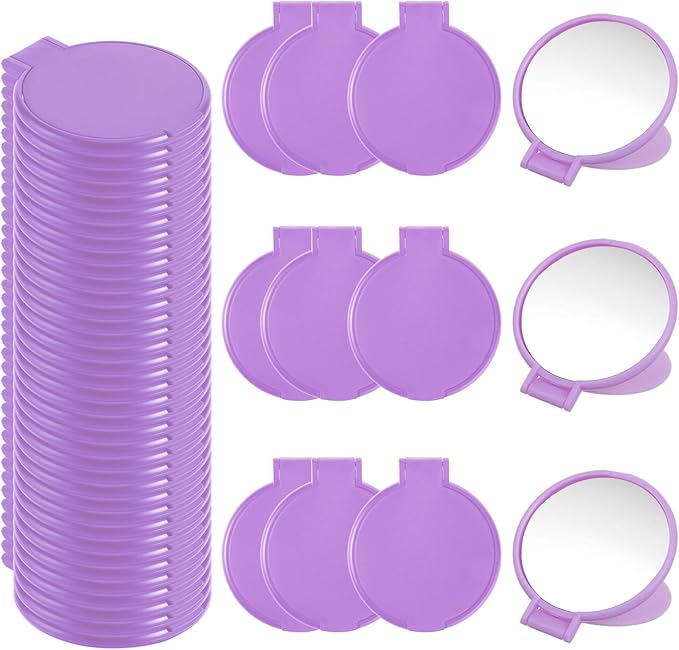 50 Pcs Round Compact Mirror for Purse Mini Folding Mirror Portable Pocket Mirror Makeup Small Mirror Vintage Portable Travel Makeup Mirror for Women Daily Use (Purple)