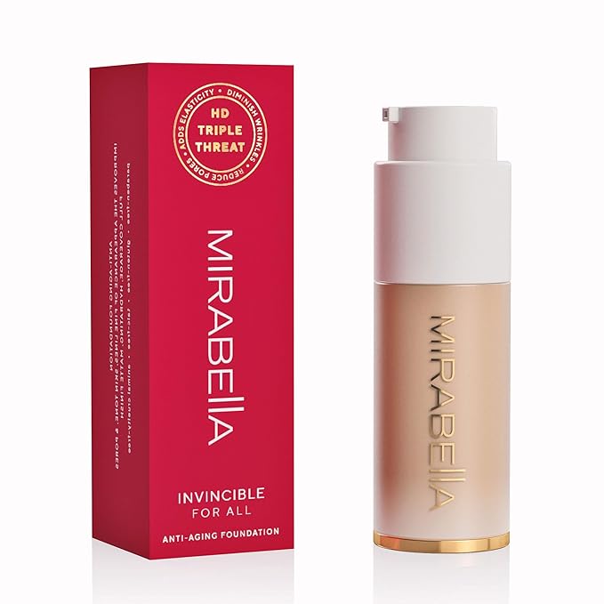 Mirabella Invincible For All HD Liquid Foundation - Anti-Aging Full Coverage Liquid Face Makeup - Moisturizing, Hydrating & Lightweight Foundation for All Skin Types (Porcelain P10)