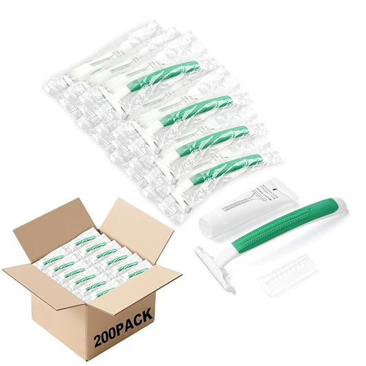 Disposable Razors in Bulk,Green Razors Individually Wrapped Bulk,Twin Blade Razors with Clear Safety Cap and Shaving Cream, Razors For Homeless, Hotel,Air Bnb,Shelter/Homeless/Travel (200)