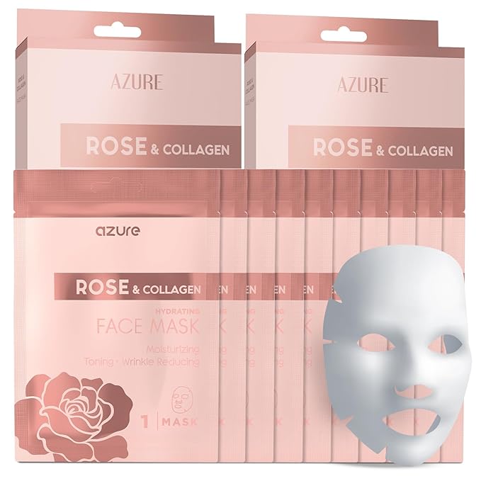 AZURE Rose & Collagen Hydrating Facial Sheet Mask - Toning, Lifting & Deeply Moisturizing - Reduces Fine Lines & Wrinkles, Reduces Signs of Aging & Dry Patches - Skin Care Made in Korea - 10 Pack