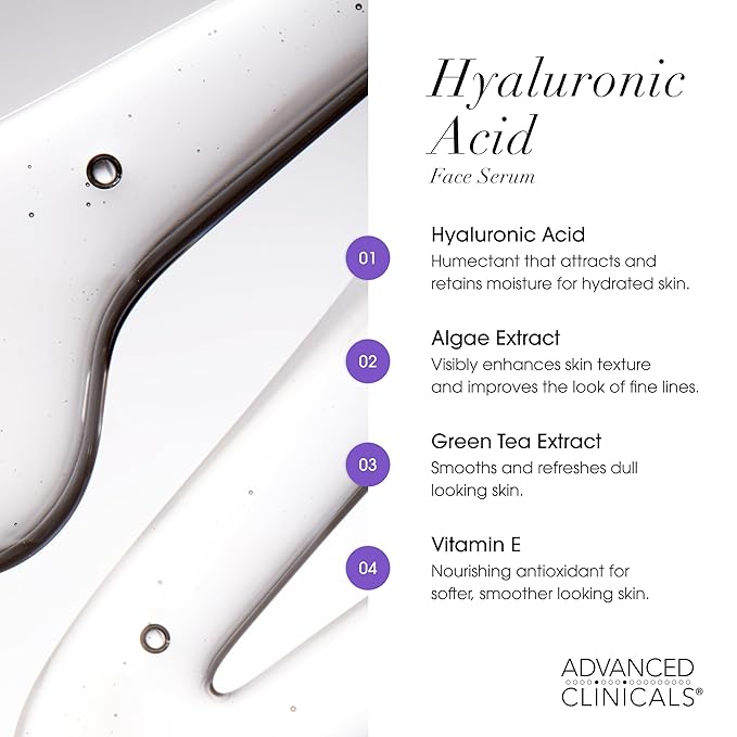 Advanced Clinicals Hyaluronic Acid Serum For Face | Moisturizing Facial Skin Care Products | Hydrating Serum For Face Helps Improve Look Of Wrinkles, Fine Lines, & Uneven Dry Skin Texture, 2-Pack