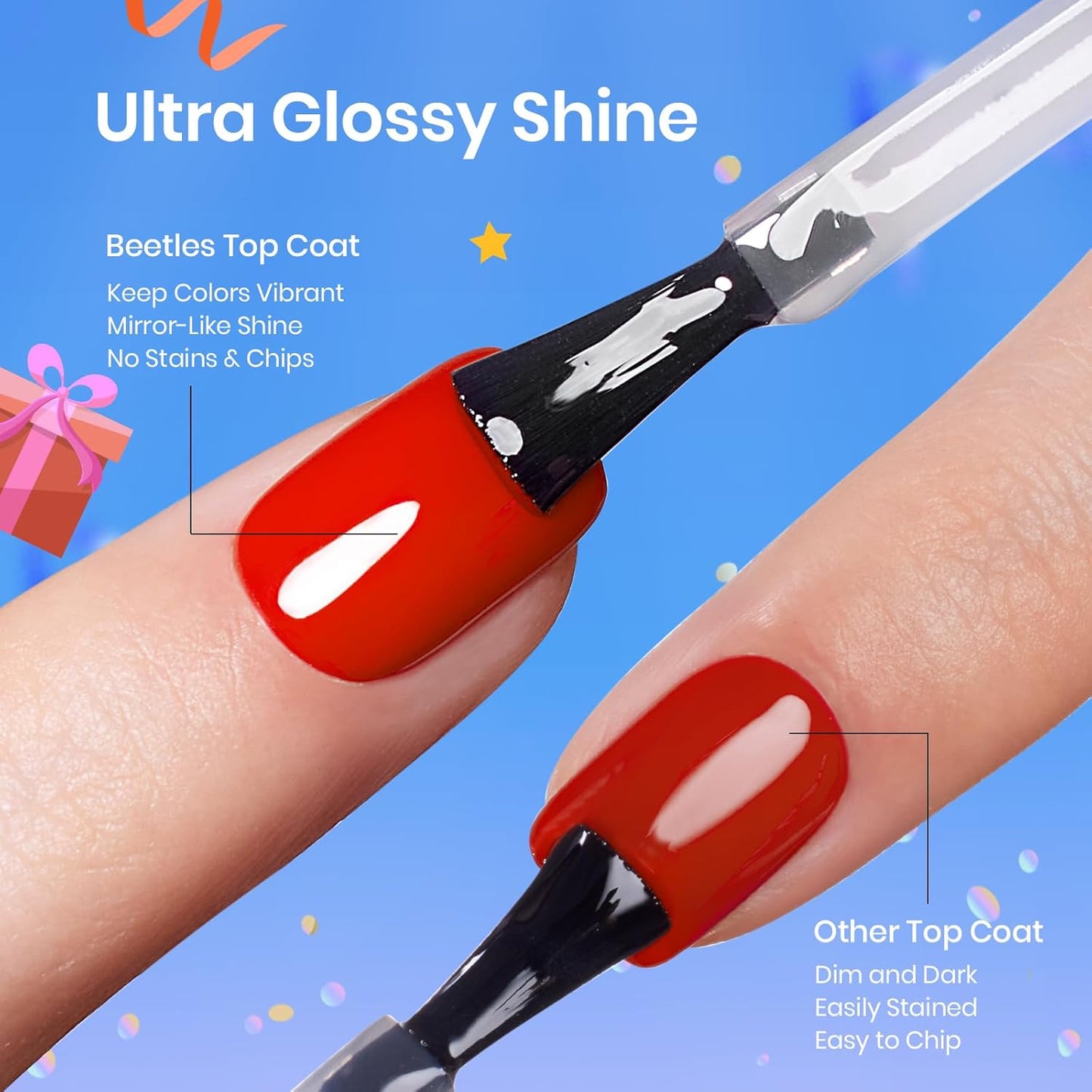 Beetles 2Pcs No Wipe Gel Top Coat and Base Coat Set, High Gloss Clear Long Lasting Base and Top Coat, Soak Off Nail Art DIY at Home