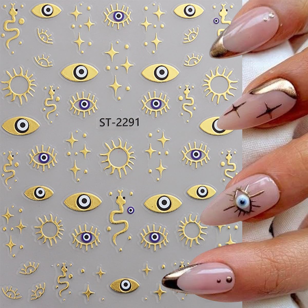 12 Sheets Gold Eye Nails Stickers Decals Star Sun Design Nails Art Stickers 3D Self-Adhesive Snake Moon Nail Art Decals for Women DIY Nail Decorations