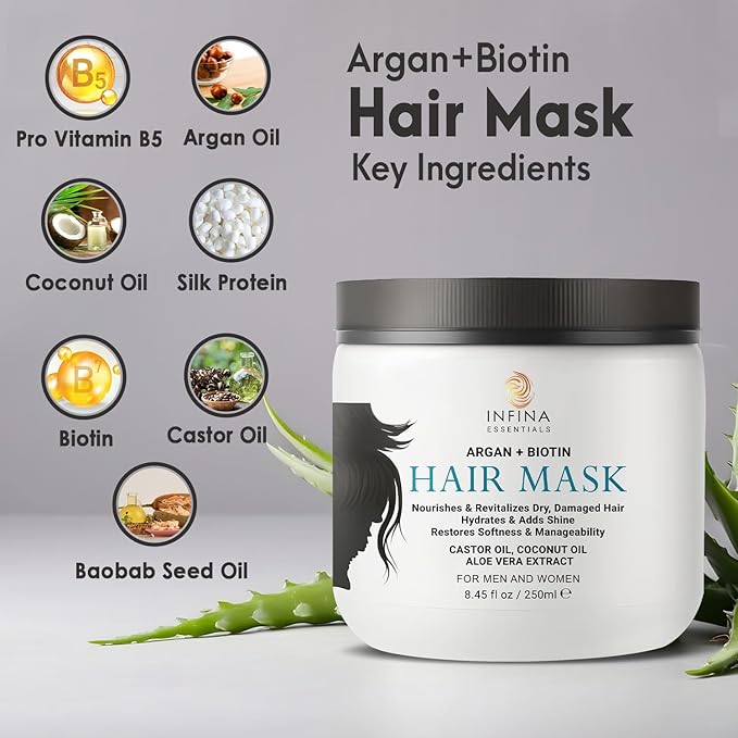 Argan Oil Hair Mask with Biotin - Intensive Hydrating Treatment & Deep Conditioning for Dry, Damaged Hair, Encourages Hair Growth - All Hair Types, Men & Women - 8.45 fl oz