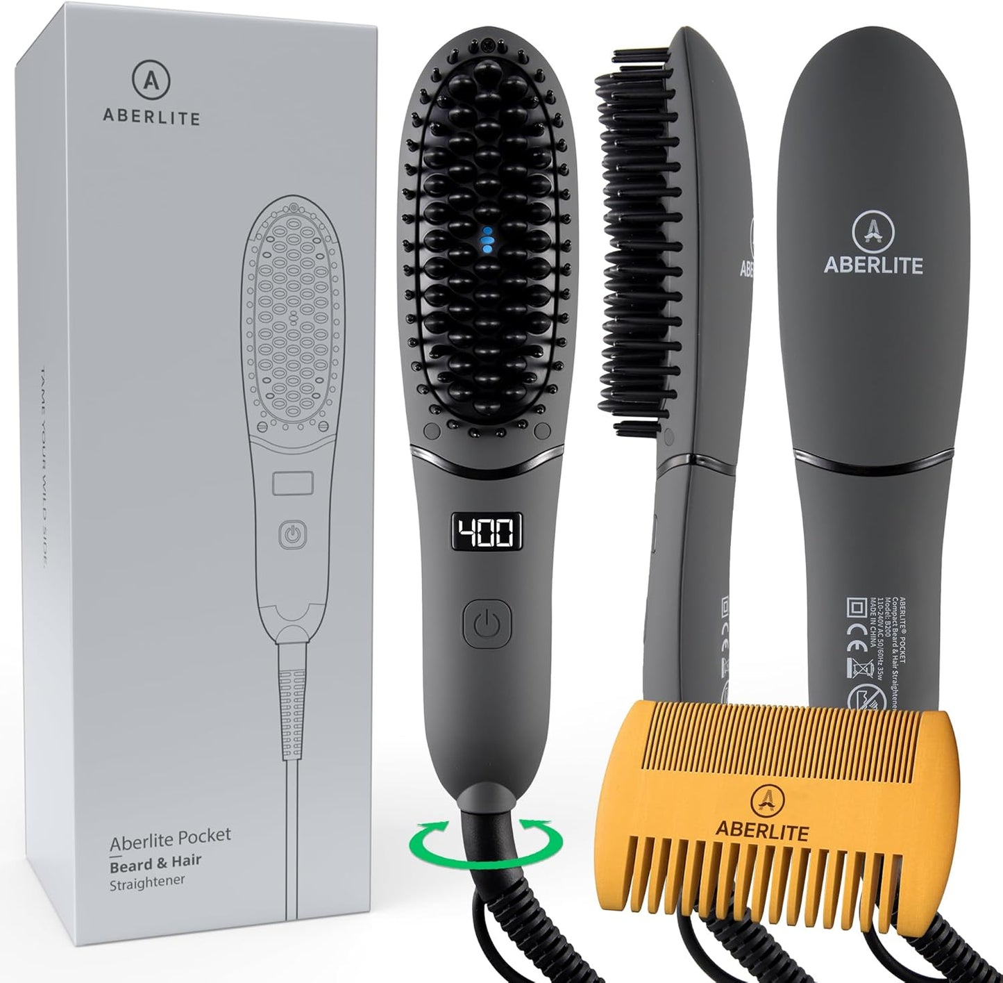 Aberlite Pocket - Compact Beard Straightener for Men - Ionic & Anti-Scald Technology - Beard Straightening Heat Brush Comb Ionic - for Home and Travel