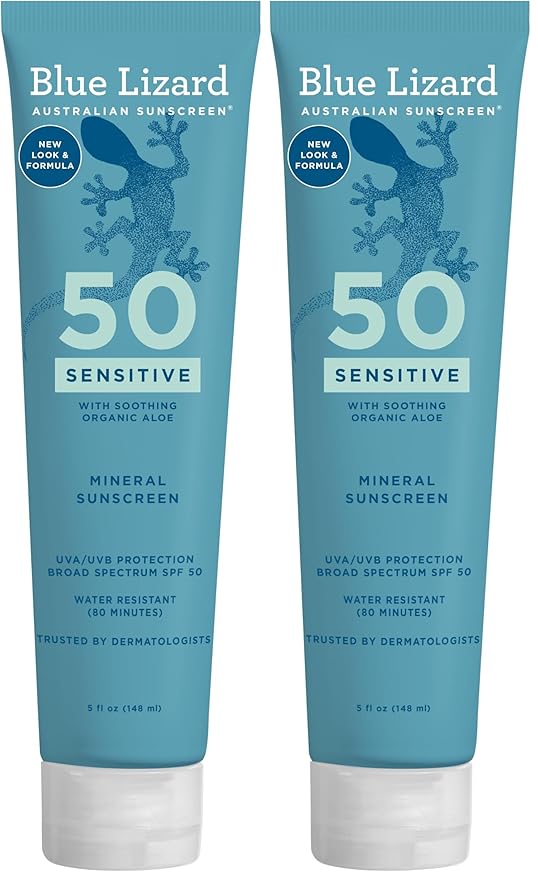 BLUE LIZARD Sensitive Mineral Sunscreen with Zinc Oxide 50+ Water Resistant UVAUVB Protection with Smart Cap Technology Fragrance Free, Sensitve, SPF 50 - - Tube, Unscented, 5 Fl Oz (Pack of 2)