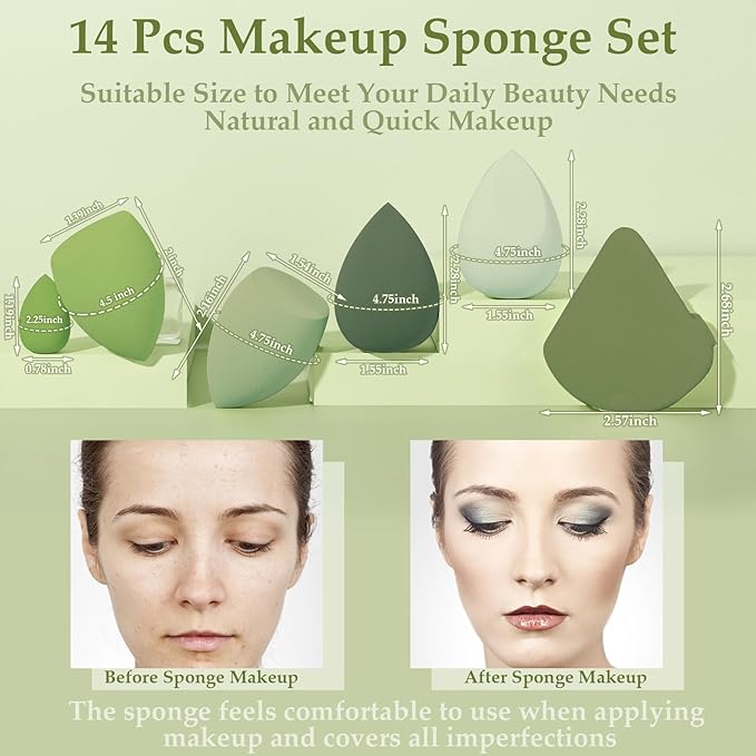 14 Pcs Makeup Sponge Set, Beauty Sponges Blender with 4 Pcs Powder Puff and 4 Pcs Mini Make up Sponges St. Patrick's Day Gift for Liquid,Foundation,Powder,Concealer,Cream (Green)