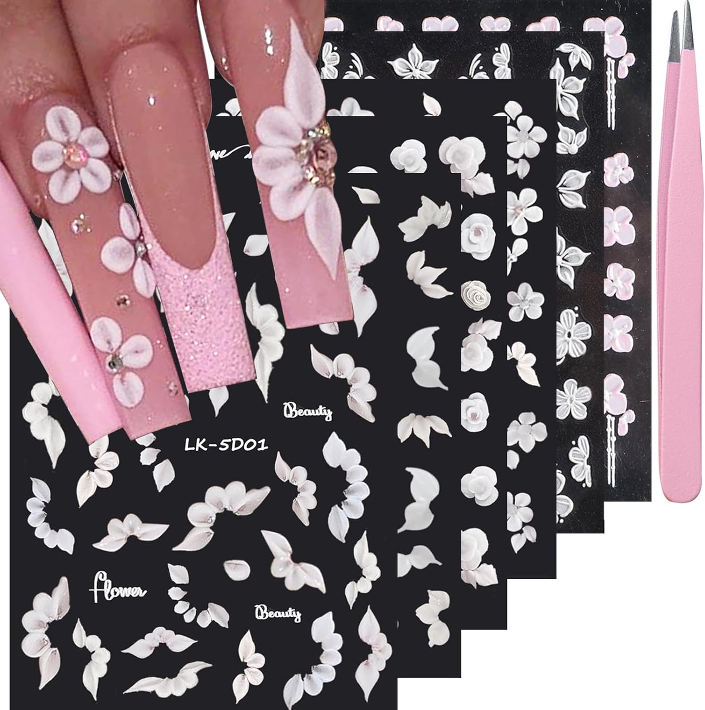 6 Sheets Flower Nail Stickers for Nail Art 5D Embossed Engraved Nails Decals 3D Spring Summer Supplies Accessories Self-Adhesive Nails DIY Design Decoration for Women and Girls