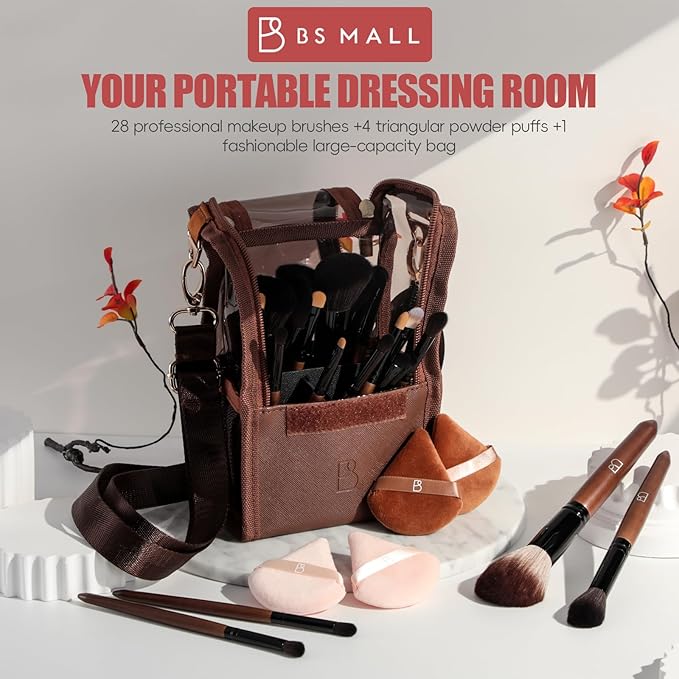 BS-MALL Professional Makeup Brush Set 28 Pcs With Travel Makeup Bag,Concealer Brush, Foundation Brush, Blush Brush, 4 Pcs Triangle Puff & makeup sponges for Flawless beauty on the Go