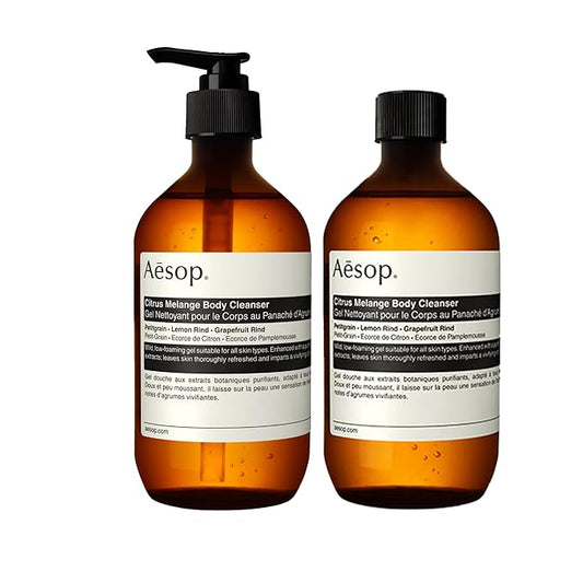 Aesop Citrus Melange Body Cleanser + Refill | Gentle Low-Foaming Gel Cleanser For Skin | Citrus Aroma with Botanical Extracts | 16.9 oz / 500 mL (Pack of 2)