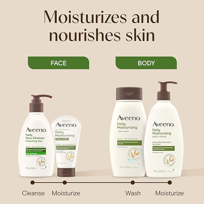 Aveeno Daily Moisturizing Body Wash for Dry & Sensitive Skin + Prebiotic Oat, Oat Body Wash & Gently Cleanses, Nourishes & Feels Hydrating on Dry Skin, Gentle & Light Fragrance, 18 fl oz