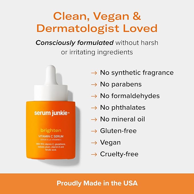 BRIGHTEN 15% Stabilized Vitamin C Serum with Glutathione, Ferulic Acid, Hexylresorcinol, Kakadu Plum, Vitamin E, Brightening, Glowing Skin, Anti-Aging 1 fl oz