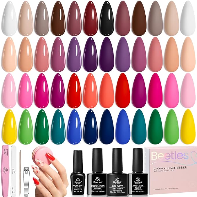 Beetles Gel Nail Polish 25 Colors Polish Set Nude Pink Red Blue Gel Polish Chic Outfits Collection with 3Pcs Base Top Coat Manicure Kit Salon DIY Home Gift for Women