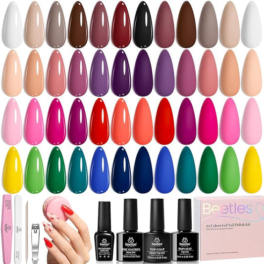 Beetles Gel Nail Polish 25 Colors Polish Set Nude Pink Red Blue Gel Polish Chic Outfits Collection with 3Pcs Base Top Coat Manicure Kit Salon DIY Home Gift for Women