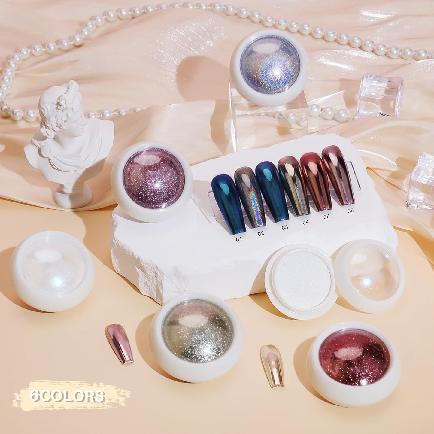 6 Pcs White Chrome Powder, Pearl Effect Nail Powder Shell Nail Glitter Dust Nail Powder with Magic Mirror Effect for Nail Art Design Decoration