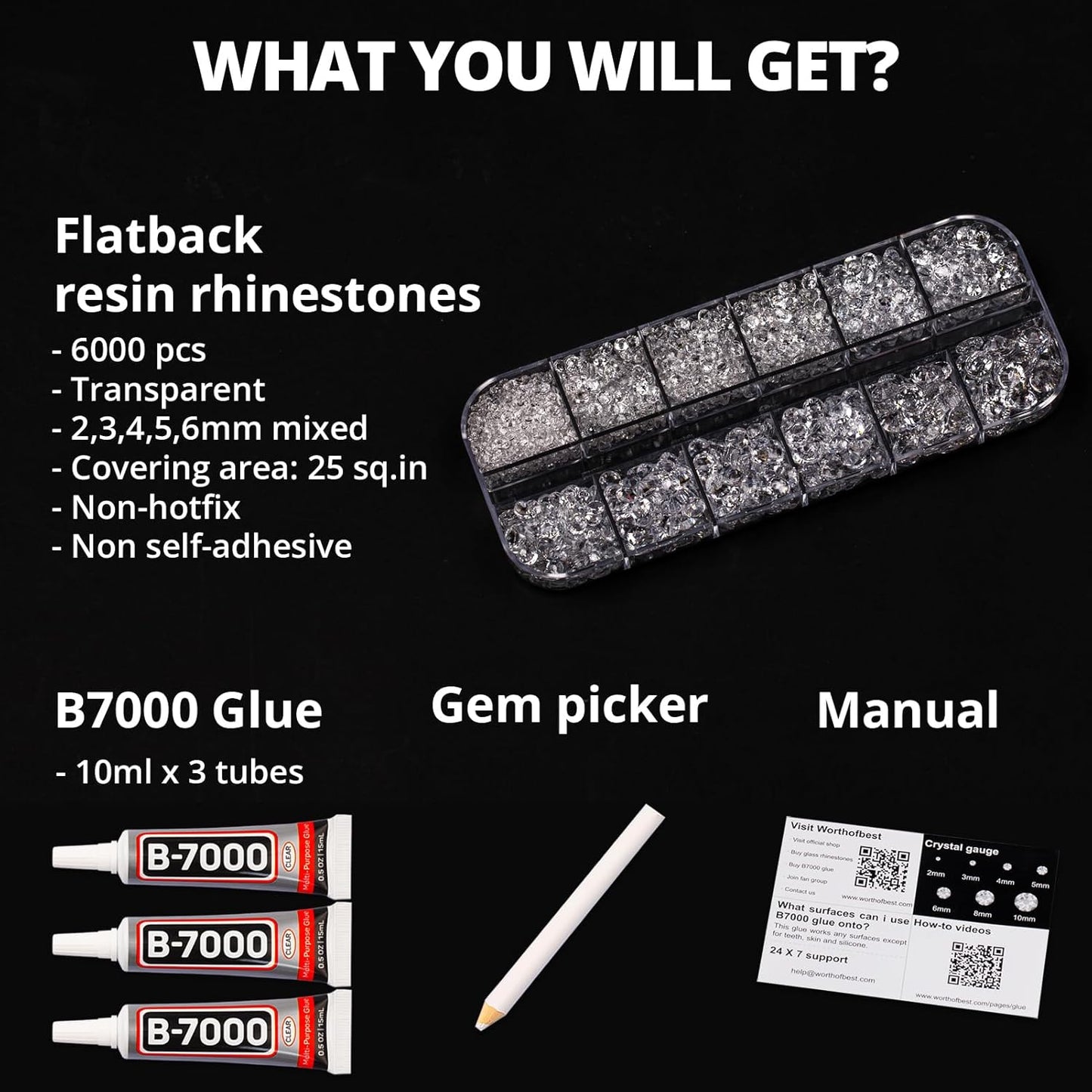 6000Pcs Transparent Clear Rhinestones for Crafting Bedazzling with b7000 Glue, Bling Shiny Resin Flatback Jewels Diamond for Crafts Clothing Tumblers Fabric Jeans, Flat Back Gems Multisize 2/3/4/5/6mm