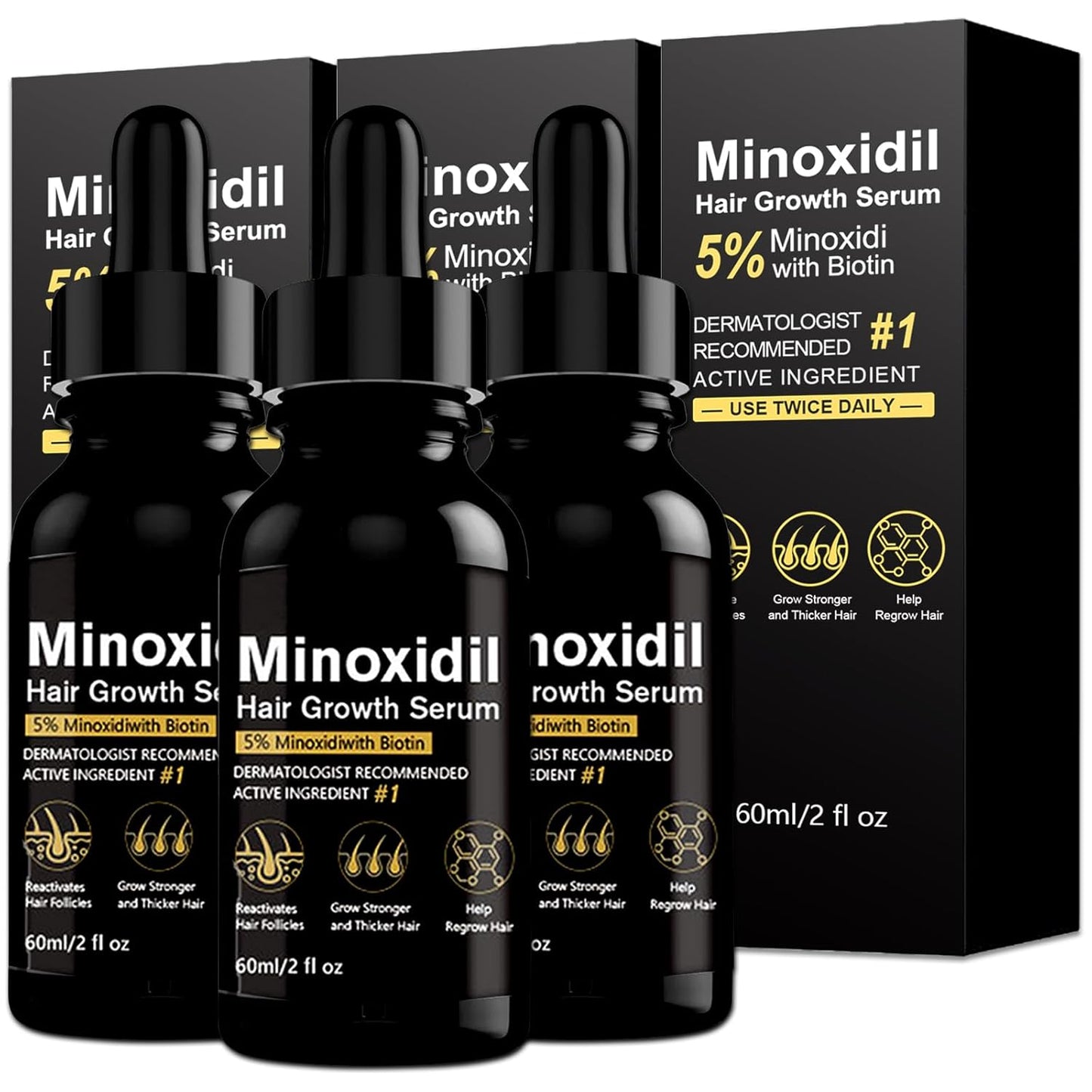 5% Minoxidil for Men and Women Hair Growth Treatment,Topical Minoxidil for Beard Growth, Hair Regrowth Serum for Scalp Hair Loss and Thinning, with Biotin (3Pack)