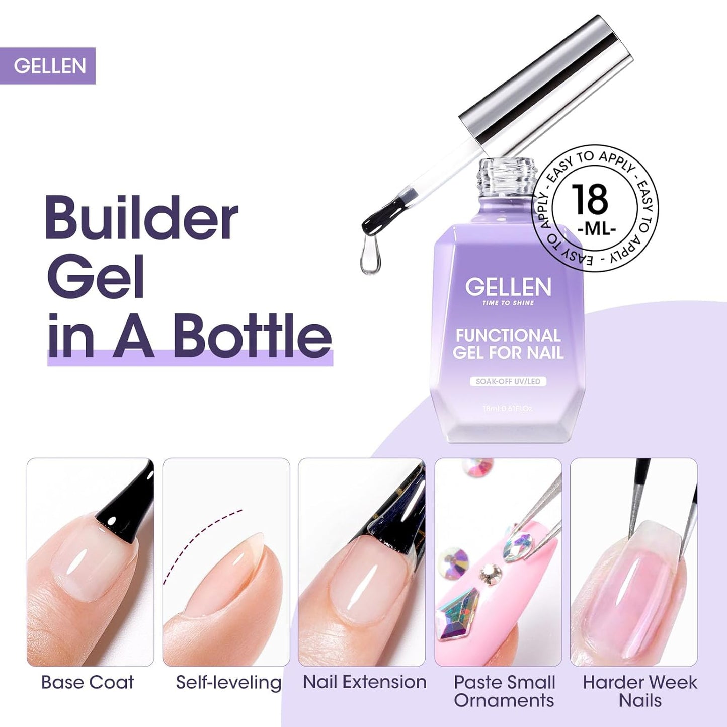 GELLEN Builder Gel for Nails and No Wipe Top Coat, 2Pcs 18ml Nail Builder Gel for Nail Extension & Strengthen and Glossy Top Coat