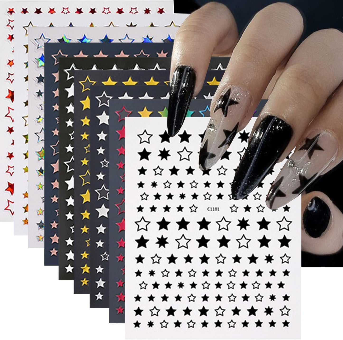 12 Sheets Stars Nails Stickers 3D Self Adhesive Nail Decals Stars Nail Design Shiny Starlight DIY Transfer Decal Colorful Star Nail Tip Sticker Pentagram Glitter Manicure Decoration