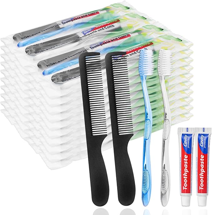 100 Pack Disposable Toothbrushes with Toothpaste and Comb for Homeless Individually Wrapped,10g Travel Toothpaste,7inch Black Hair Comb