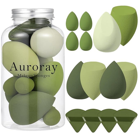 14 Pcs Makeup Sponge Set, Beauty Sponges Blender with 4 Pcs Powder Puff and 4 Pcs Mini Make up Sponges St. Patrick's Day Gift for Liquid,Foundation,Powder,Concealer,Cream (Green)