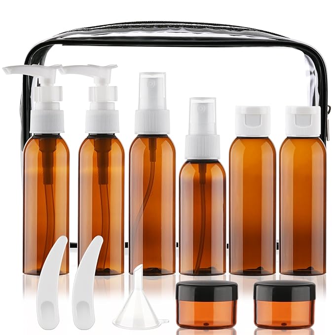 Cosywell Travel Size Bottles for Toiletries 13 Pack TSA Approved Toiletry Bottles Leak Proof Travel Kit for Women Men TSA Clear Toiletry Bag Shampoo Lotion Skincare Cosmetic Container（Brown）