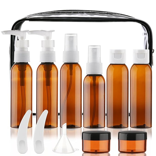 Cosywell Travel Size Bottles for Toiletries 13 Pack TSA Approved Toiletry Bottles Leak Proof Travel Kit for Women Men TSA Clear Toiletry Bag Shampoo Lotion Skincare Cosmetic Container（Brown）