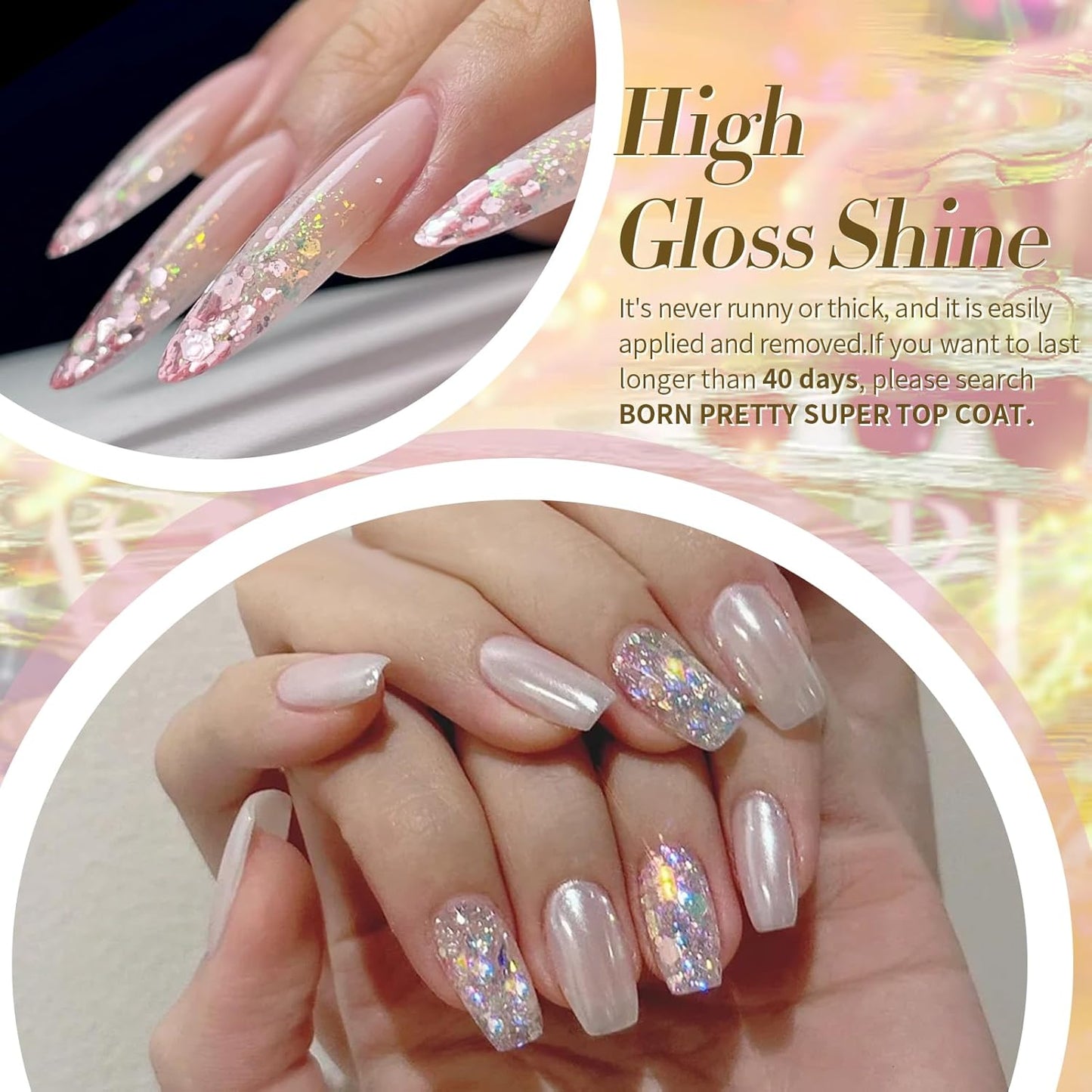 Born Pretty Glitter Gel Nail Polish with Sequins, 6 Pcs Blue Gold Red Yellow Green Pink Long Lasting Sparkly Shiny U V Gel Polish Set for Manicure and Nail Art, DIY at Home, Salon-Quality 7ml