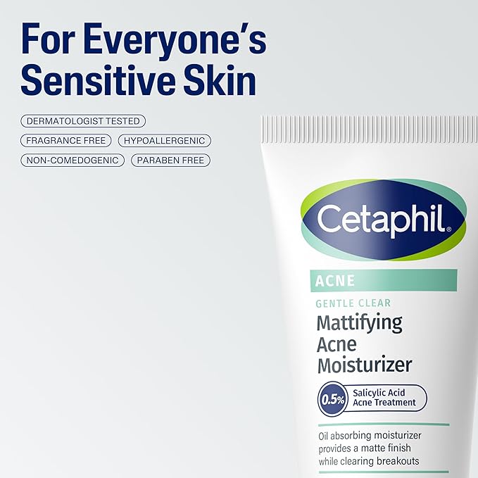 Cetaphil Face Moisturizer, Gentle Clear Mattifying Acne Moisturizer With 0.5% Salicylic Acid, Hydrates and Treats Sensitive Acne Prone Skin, Skin Care for Sensitive Skin, 3oz