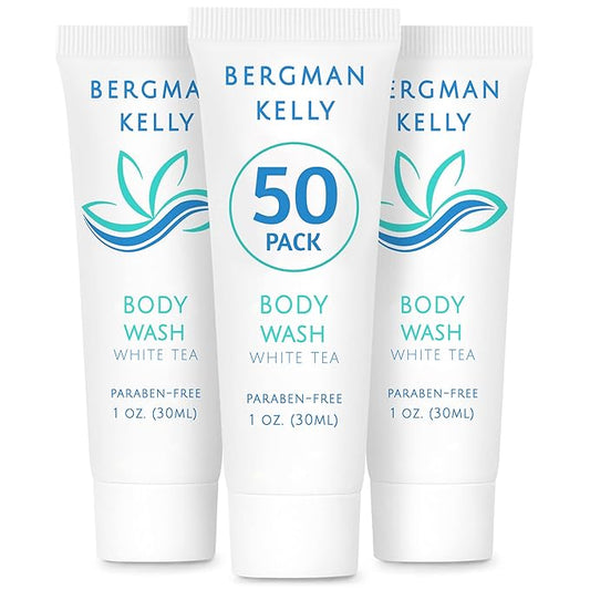 BERGMAN KELLY Travel Size Body Wash (1 fl oz, 50 PK, White Tea), Delight Your Guests with a Revitalizing and Refreshing Hotel Body Wash, Quality Mini and Small Size Guest Hotel Toiletries in Bulk