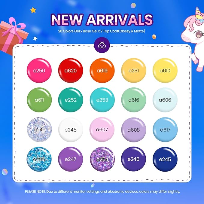 Beetles Halloween Gel Nail Polish Set, 24 Pcs Purple Blue Hot Red Gel Nail Polish Green Glitter Gel Polish Unicorn Collection Soak off UV with Glossy & Matte Top Base Gift for Women