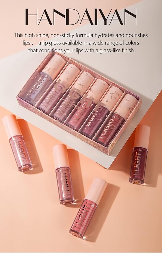 6PCS Lip Oil Light Lipgloss Set, Moisturizing Hydrating Lip Glow Oil Lip Gloss Kit High Shine Lip Plumping Glass Finish Liquid Lipstick for Women (Set A)