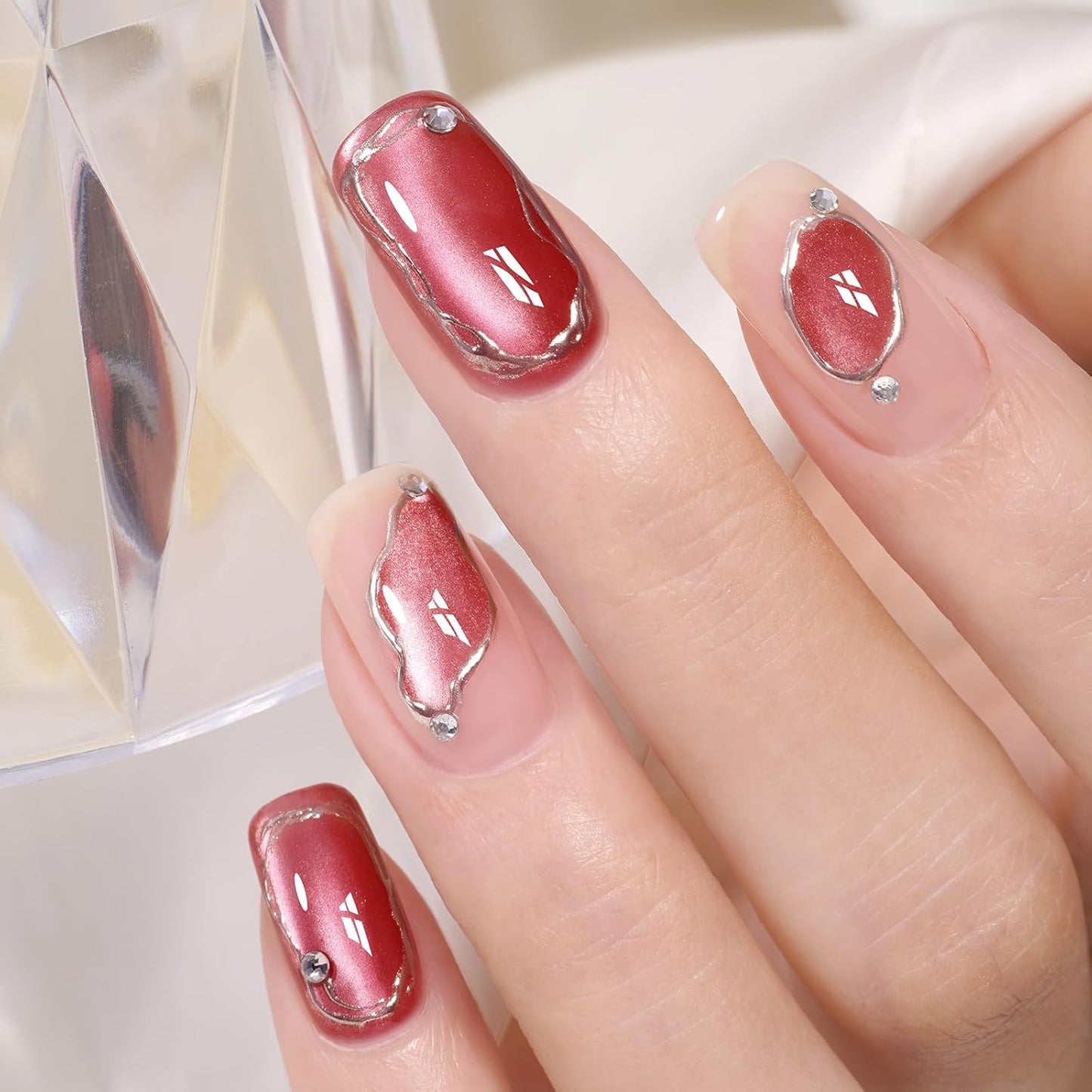 AILLSA Glass Cat Eye Gel Nail Polish, 15ml Red Glitter Jelly Sheer Gel Polish, Translucent Magnetic Shimmer Sparkle Nail Art U V Salon 0.5 OZ GF37