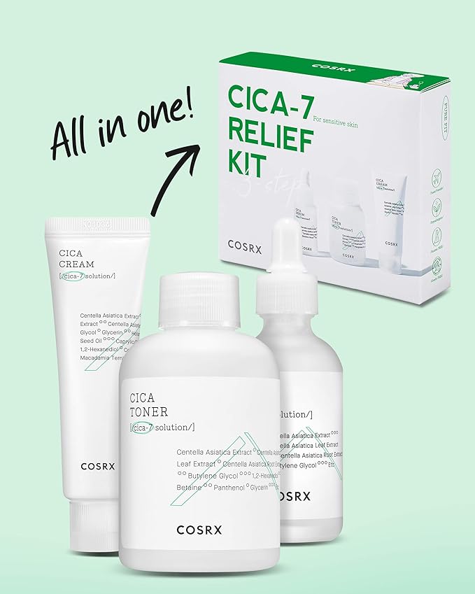 COSRX CICA Relief Kit, Toner, Serum, Cream with Centella Asiatica, Sensitive Skin, Soothing, Moisturizing, Travel Size Set, Gift Set, Korean Skin Care, Not Tested on Animals, Paraben Free