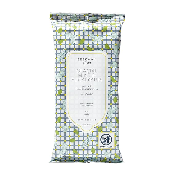 Beekman 1802 Glacial Mint & Eucalyptus Face Wipes - 30-Count - Scented - Cleanses, Nourishes & Hydrates - With Goat Milk, Aloe Vera - Good for Sensitive Skin - Cruelty Free