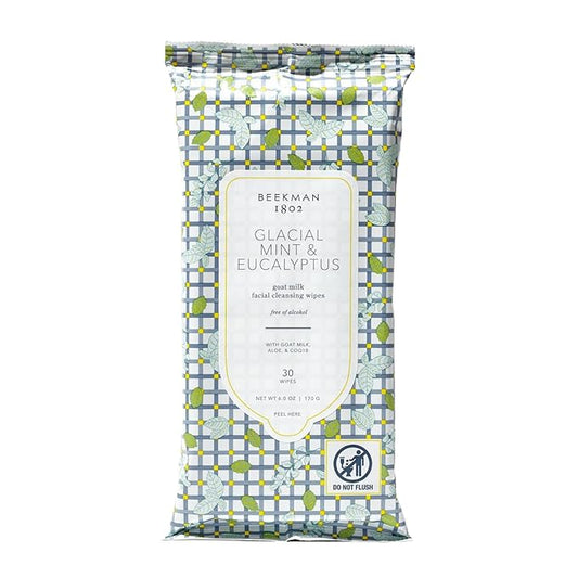 Beekman 1802 Glacial Mint & Eucalyptus Face Wipes - 30-Count - Scented - Cleanses, Nourishes & Hydrates - With Goat Milk, Aloe Vera - Good for Sensitive Skin - Cruelty Free