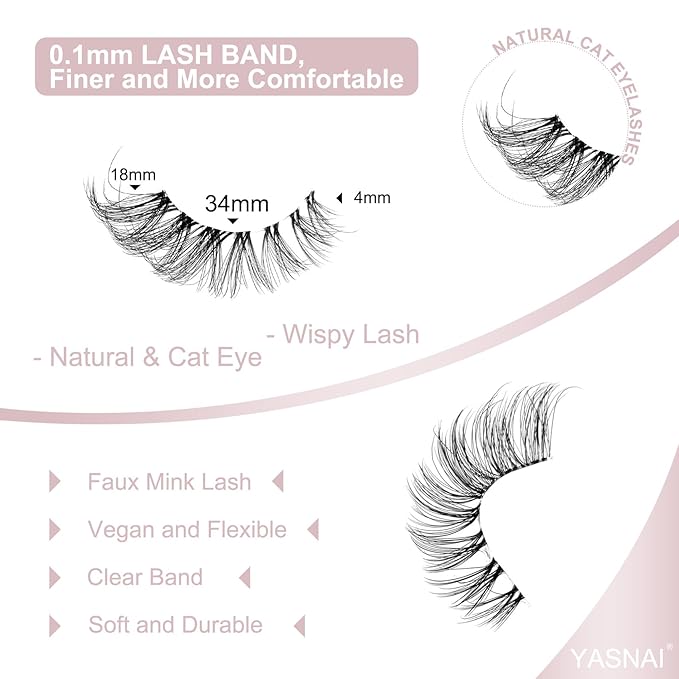 Cat Eye Lashes Wispy Mink Lashes Yasnai 18mm False Eyelashes Strips Lashes Fake Lashes Natural Eyelashes 7 Pairs Pack