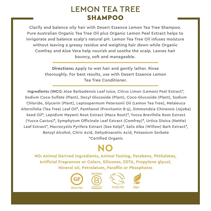 Desert Essence Lemon Tea Tree Shampoo - 8 Fl Ounce - Removes Excess Oil - Revitalizes Scalp - Strengthens & Protects Hair - Maca Root Extract - Soft, Smooth & More Manageable