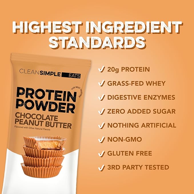Clean Simple Eats Whey Protein Powder, Chocolate Peanut Butter Flavor Naturally Sweetened, 100% Grass Fed Protein Powder with Digestive Enzymes & No Artificial Ingredients, Gluten Free, 10 Stick Packs