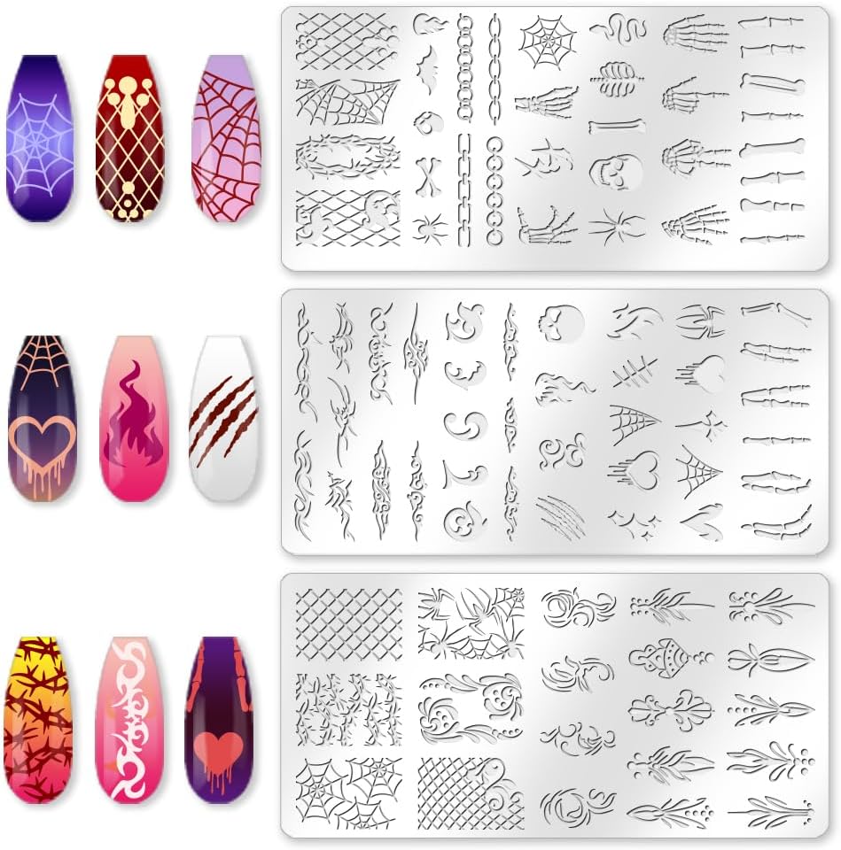 3Pcs Bone Skull Nail Stamping Plate Set Halloween Skeleton Gothic Nail Stamp Templates Cobweb Bat Thorns Metal Reusable Tools with Stamper Scraper for Manicure Printing