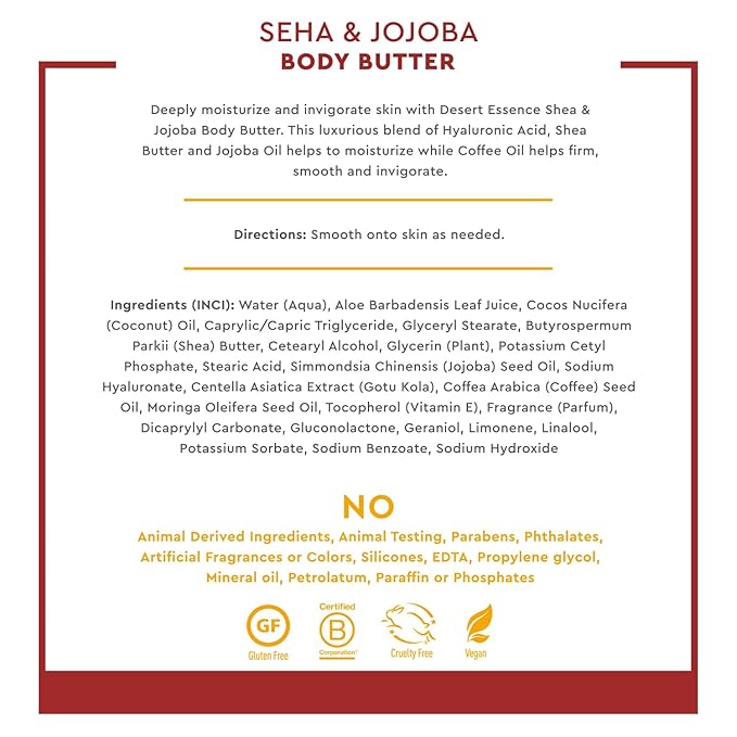 Desert Essence, Shea & Jojoba Body Butter 7.5oz, Hyaluronic Acid & Coffee Oil, Deeply Moisturizing and Nourishing, Antioxidant Rich, Moisture Rich Botanicals Shea Butter & Jojoba Oil