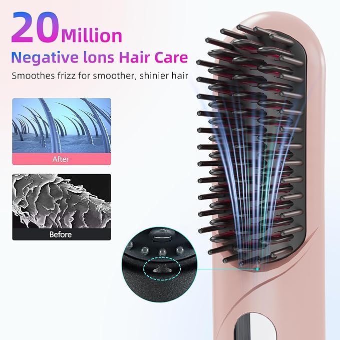 Cordless Hair Straightener Brush - Rizzrosa Portable Hot Comb for Travel, Mini Hair Straightener for Women, 4 Temperature Settings, Ideal for Camping, Office, Parties(Pink)