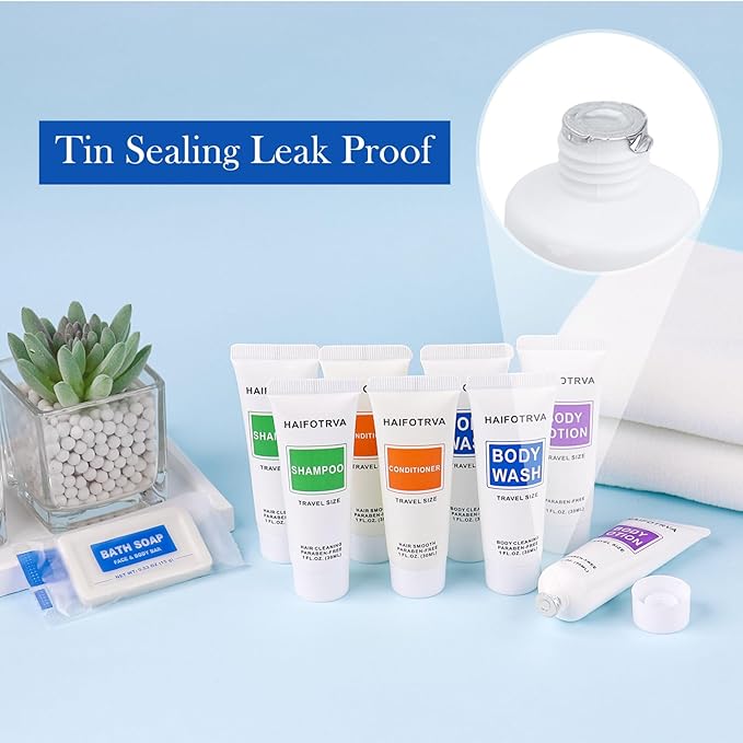 100 Pcs 5-IN-1 Hotel Soaps and Toiletries Bulk Set,5-Piece Set Mini Bulk Travel Size Toiletries Set 1 oz each Shampoo,Conditioner, Body Wash and Lotion,0.53 oz Soap Hotel Supplies for Guests,Homeless