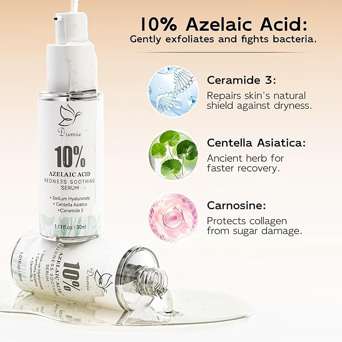 Azelaic Acid Serum 10%, Azelaic Acid For Face With Centella Asiatica Serum For Redness and Uneven Skin Tone, Hyaluronic Acid & Ceramide 3 – Soothes & Clears Pores For Sensitive Skin, 1.01 fl oz